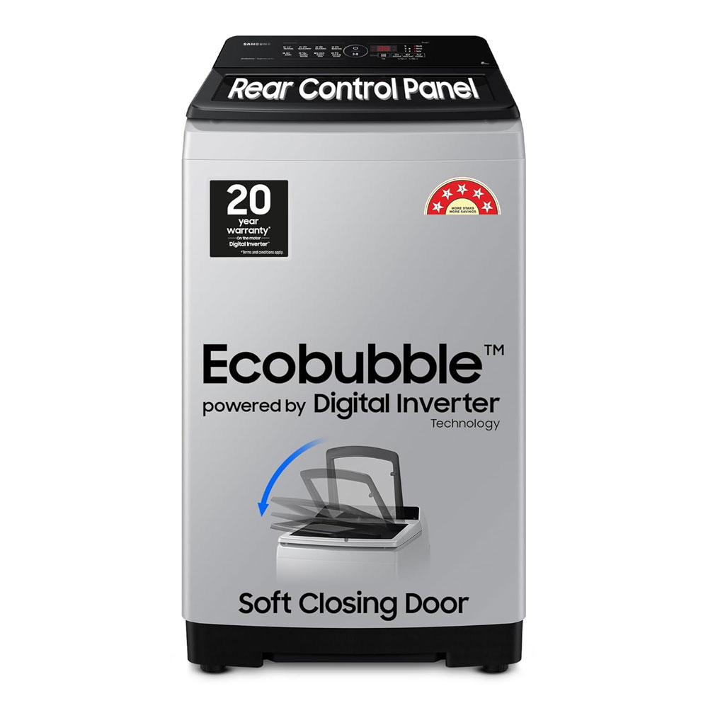 Samsung 8 kg, 5 star, Eco Bubble Tech, Digital Inverter Motor, Soft Closing Door, Fully-Automatic Top Load Washing Machine